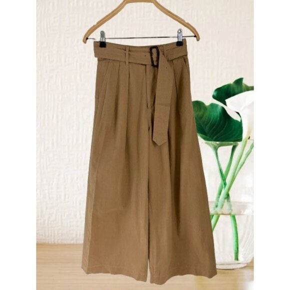 Macphee Tomorrowland Camel Wide-Leg High-Rise Pants With Belt Cotton & Leather B - Picture 1 of 7